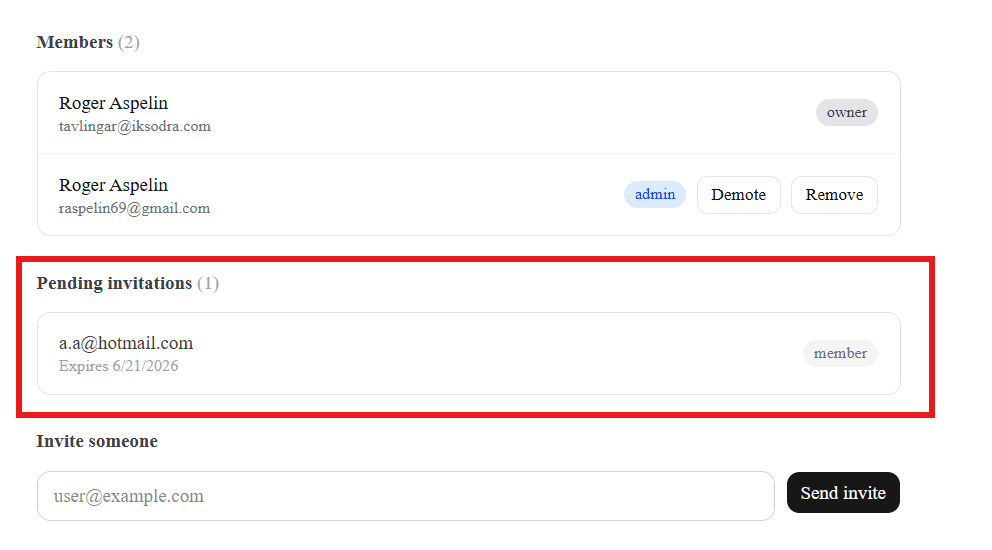 The Members list showing roles, the promote / remove controls, and a pending invitation