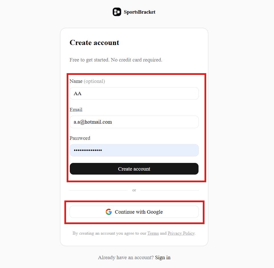 The Create account form