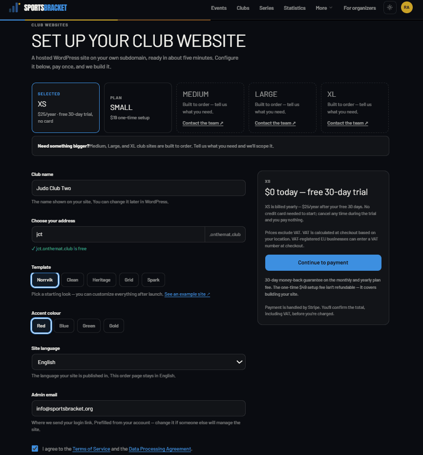 The order page with the XS plan selected, address check, template and colour choices