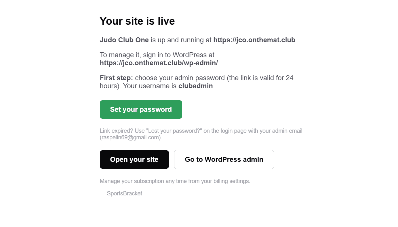 The 'Your site is live' email with the green Set your password button