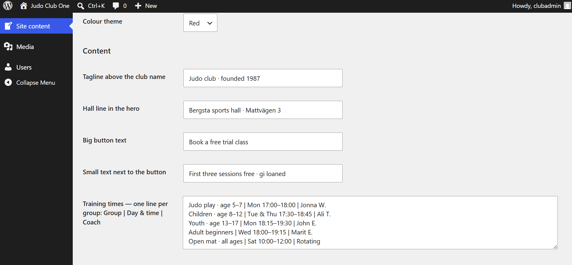 The Site content editor with the training times rows