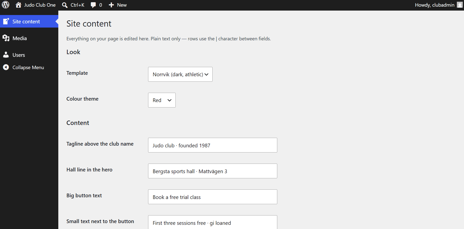 The Look section with template and colour theme selects