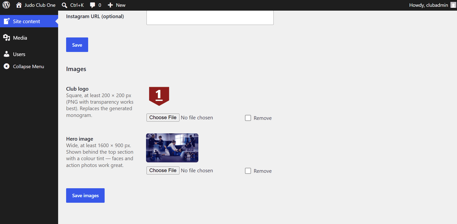 The Images section with logo and hero image upload fields