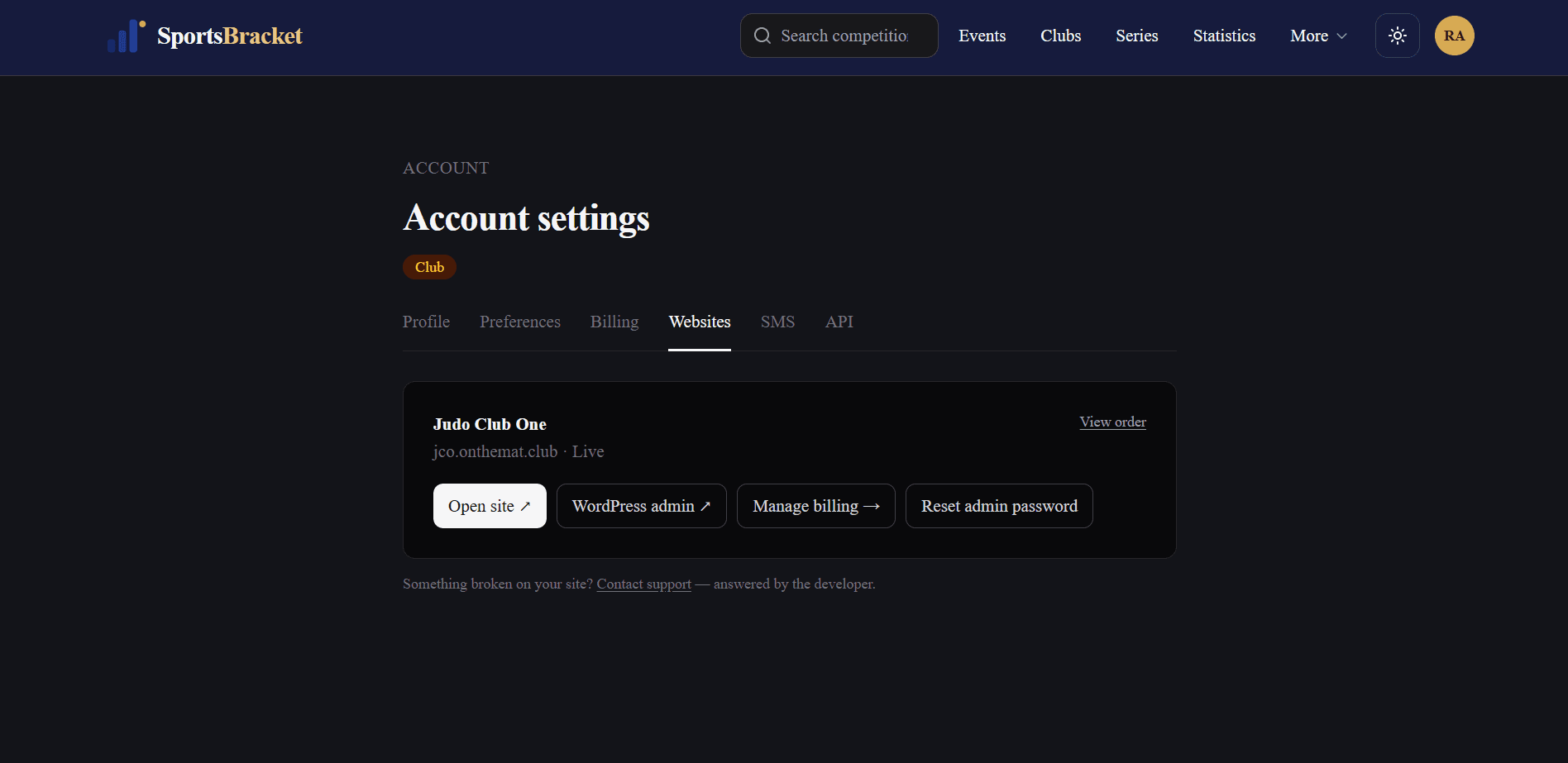 The Websites tab with a live site and its action buttons